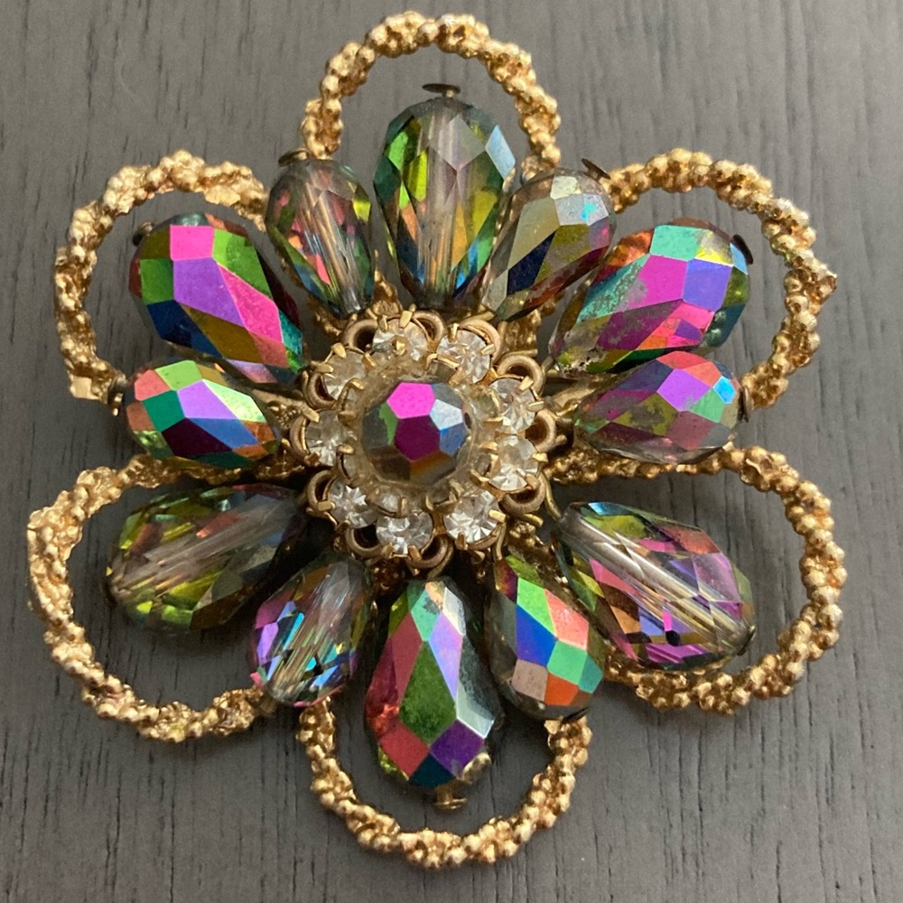Mid Century Aurora Borealis Floral Cluster Vintage Antique Brooch - Picture 1 of 4